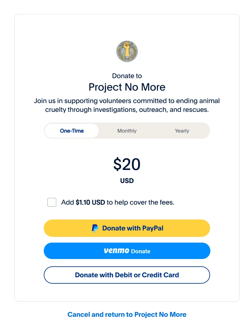 The PayPal donation page for Project No More, with one-time, monthly, and yearly options and PayPal, Venmo, and card buttons