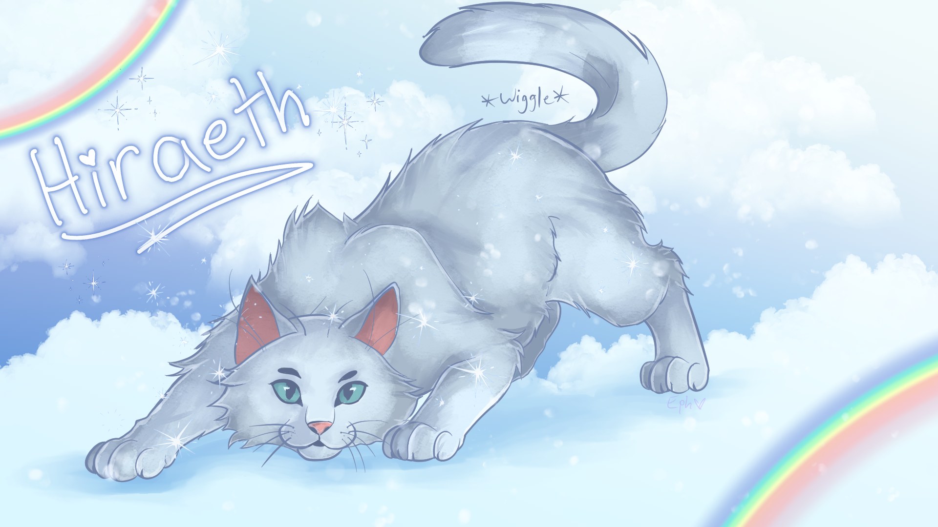 Hiraeth, a white cat amongst the clouds and rainbows