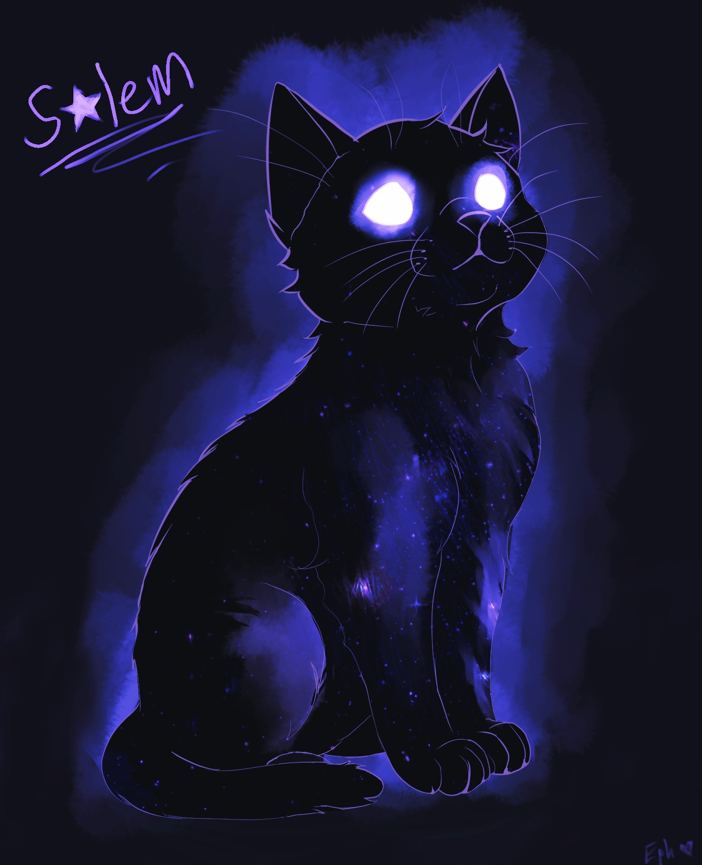 Salem, a black cat with glowing eyes and a starfield in their fur
