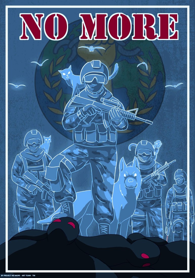 No More campaign poster: a masked figure with rescued animals standing over the serpents, by the Project No More Art Team