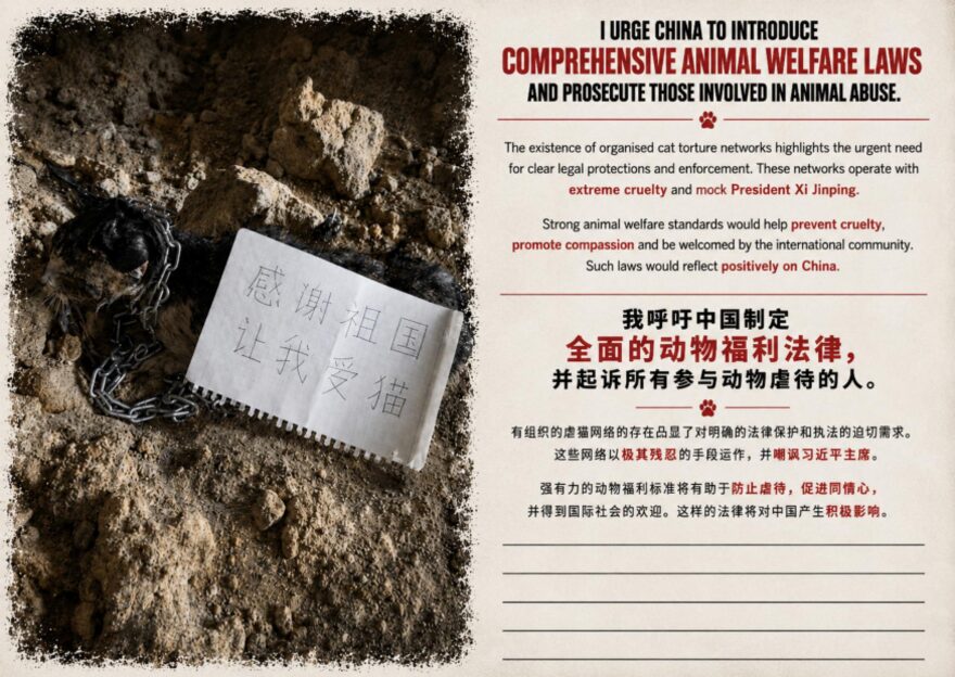 Campaign postcard urging China to introduce comprehensive animal welfare laws, in English and Chinese